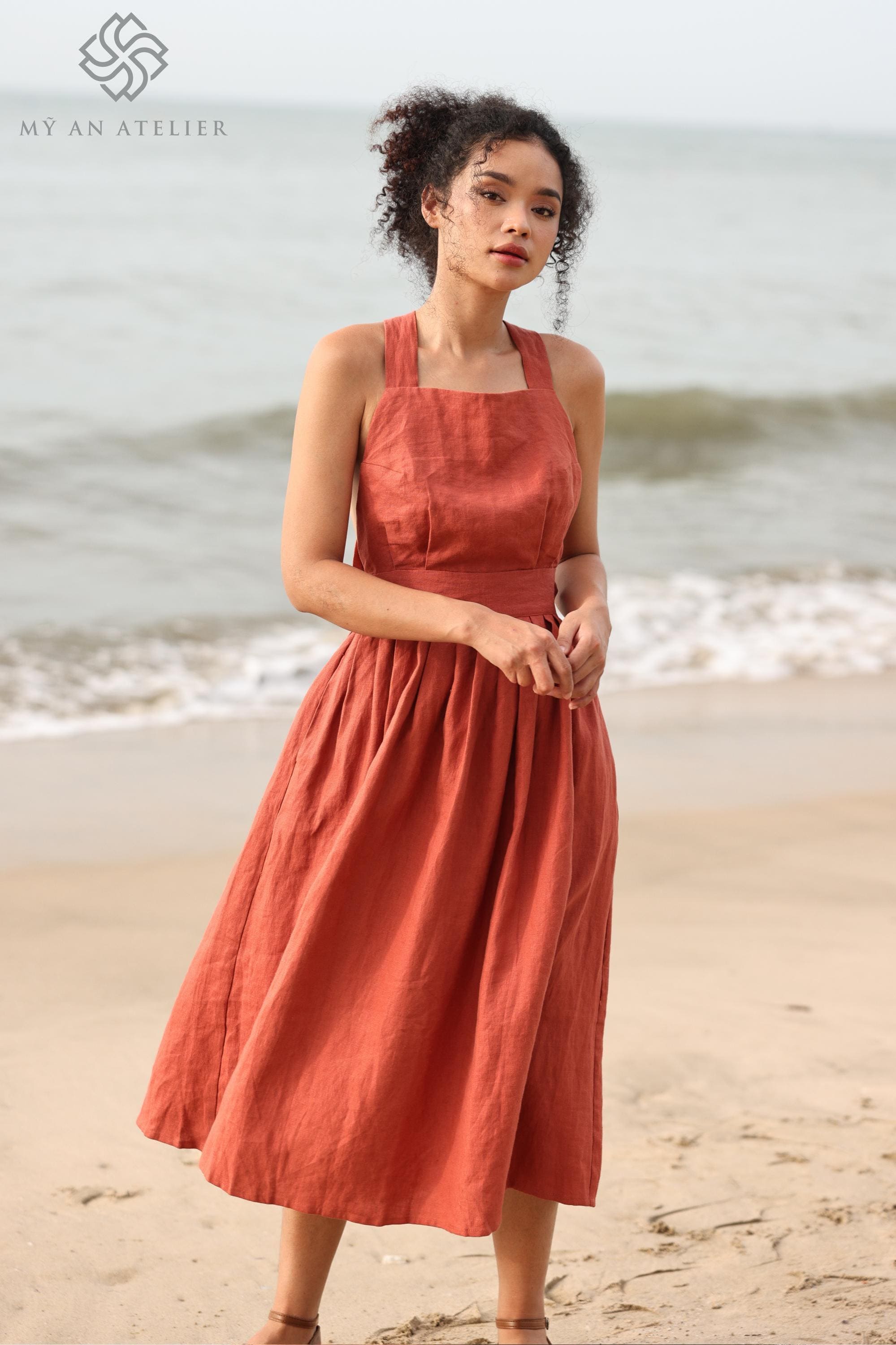 Sleeveless Cross Back Midi Linen Dress PETRA, Wedding guest dress, Custom fit