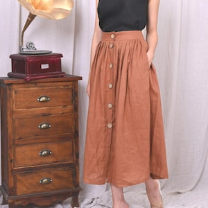 Bronze linen full circle skirt, Maxi length skirt, Button front skirt, Long linen skirt with button closure, Copper linen skirt with pockets