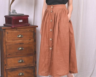 Bronze linen full circle skirt, Maxi length skirt, Button front skirt, Long linen skirt with button closure, Copper linen skirt with pockets