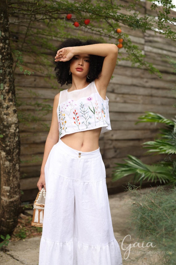 Hand Embroidered Crop Top GREER, Linen Tank Top, Embroidered Linen