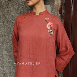 Hand-embroidered ao dai, Linen ao dai women, Ao dai with pants, Vietnam tunic, Vietnam women dress, Plus size ao dai, Custom ao dai ELA-W50