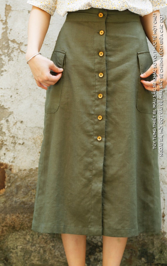 Straight Linen Skirt, Front Button Skirt, Long Linen Skirt