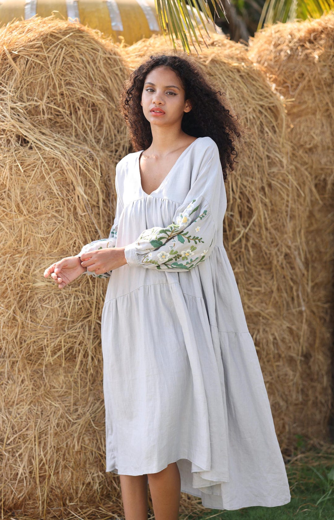 Hand Embroidered V-neck High-low Linen Dress NAOMI, Wedding Guest Dress, Custom fit