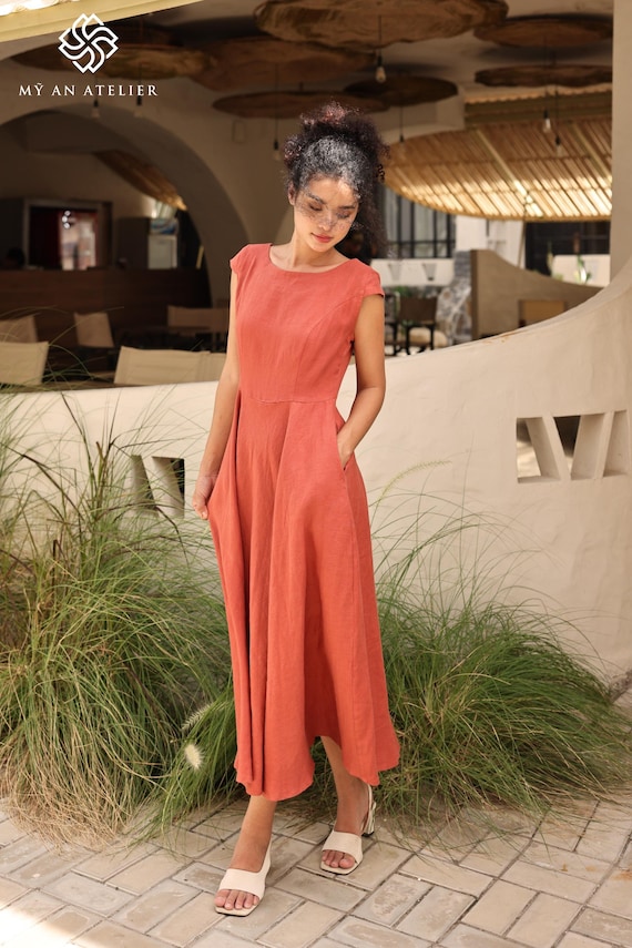 Cap Sleeve Boat Neckline Linen Dress TOSCANA, Wedding guest dress, Custom fit