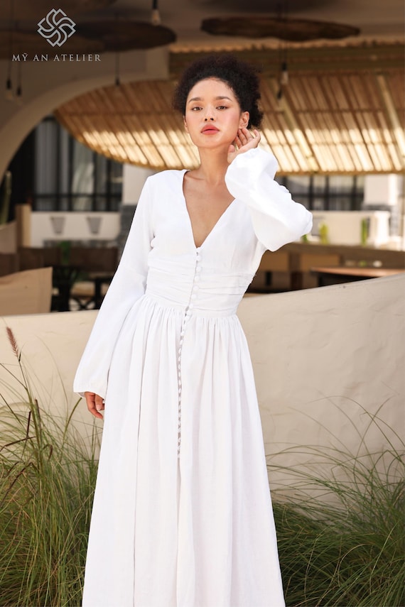deep v neck puff sleeve dress Long Sleeves V-Neck Linen AINE, Wedding guest dress, Custom fit Bubble Hem Ages 11–13 Color:color2 Butterfly Twirl Dress & Mini dress