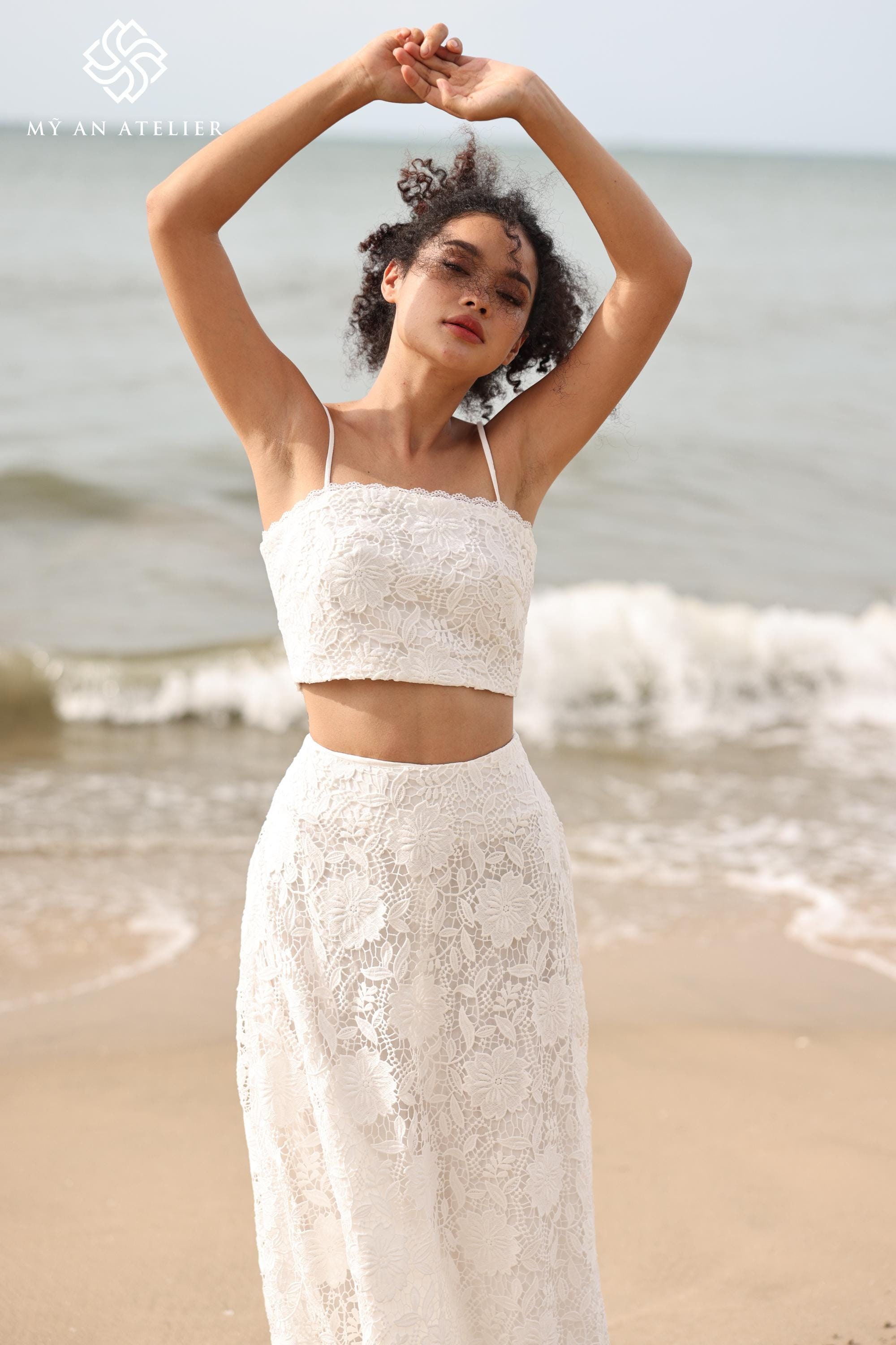 lace crop top over dress Modern Lace Crop Top dress With Long Sleeves Top Aleksa 18 US (50 EU) / Ivory