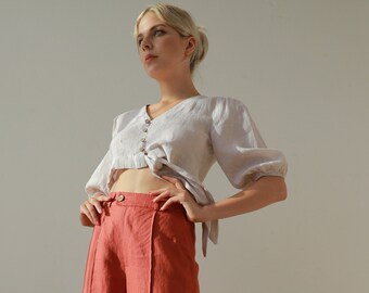 Linen shirt for women, Linen blouse with front buttons, Linen croptops