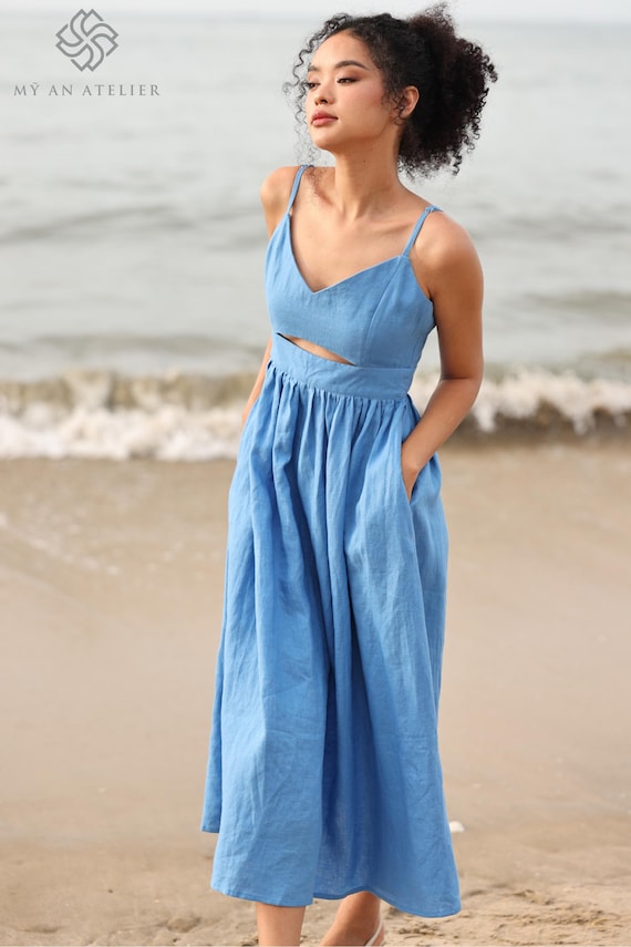 chinese dress ladies Back Cut Out Linen Dress Pin Striped Linen / M main image 0