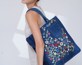 Oversize Embroidered Jean Bag, Women Denim Shoulder Bag with Large Capacity, Embroidered Tote Bag Aesthetic, Everyday Bag, Tote Bag Canvas