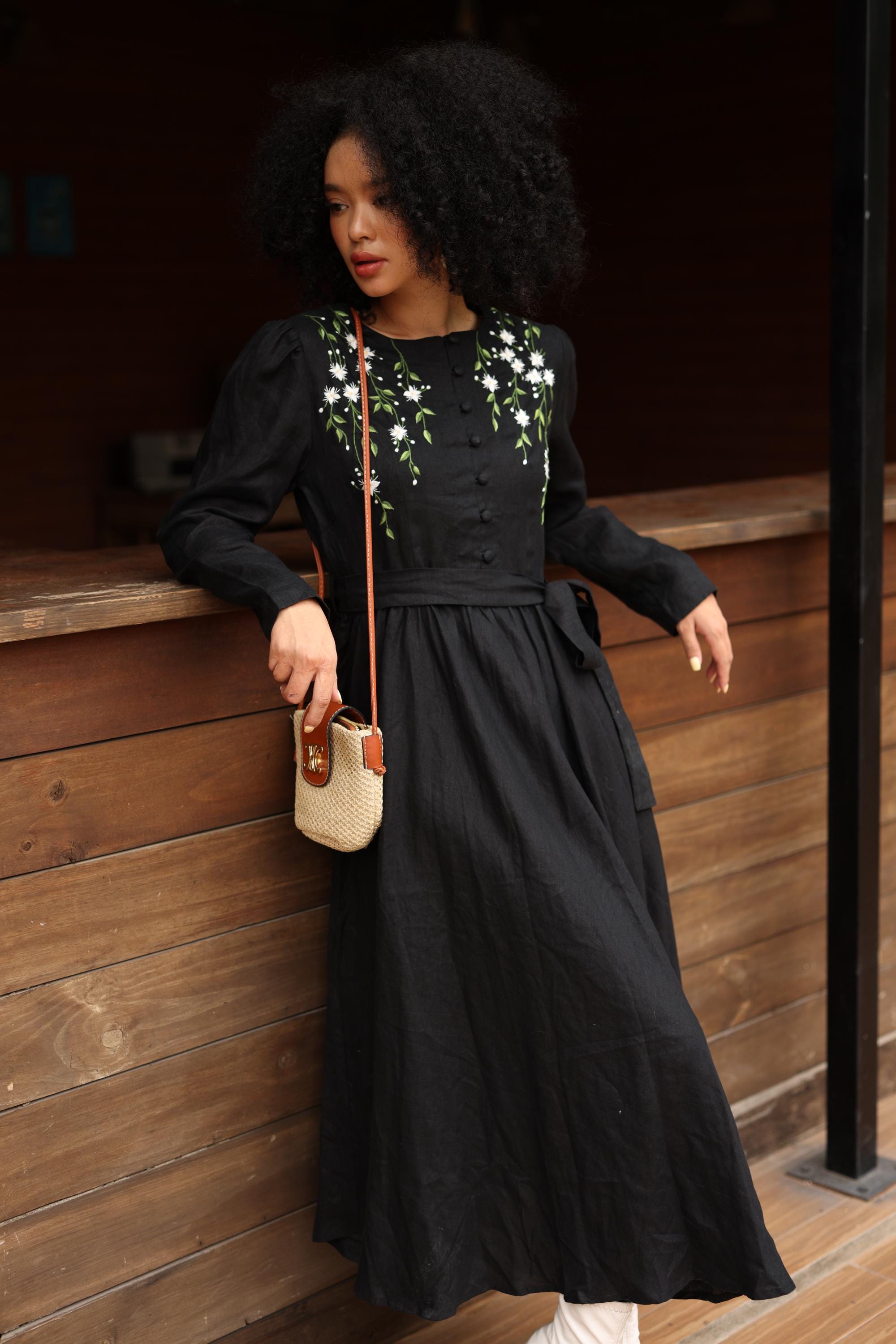 black hand embroidery dress Embroidered Long Sleeve Button Down RUE, Wedding Guest Dress, Custom fit fall_sept How to wear the Color:Green - Back Order and makes you feel