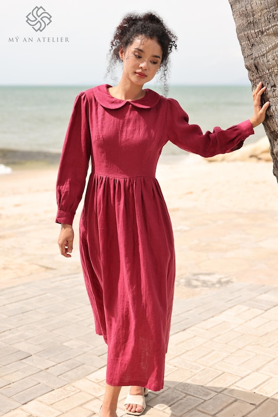 Peter Pan Collar Long Sleeves Linen Dress BECCA, Wedding guest dress, Custom fit Peter Pan Collar Long Sleeves Linen Dress BECCA, Wedding guest dress, Custom fit