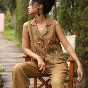 Hand Embroidered Sleeveless Linen Vest DALE, Wedding Guest Outfit, Custom fit