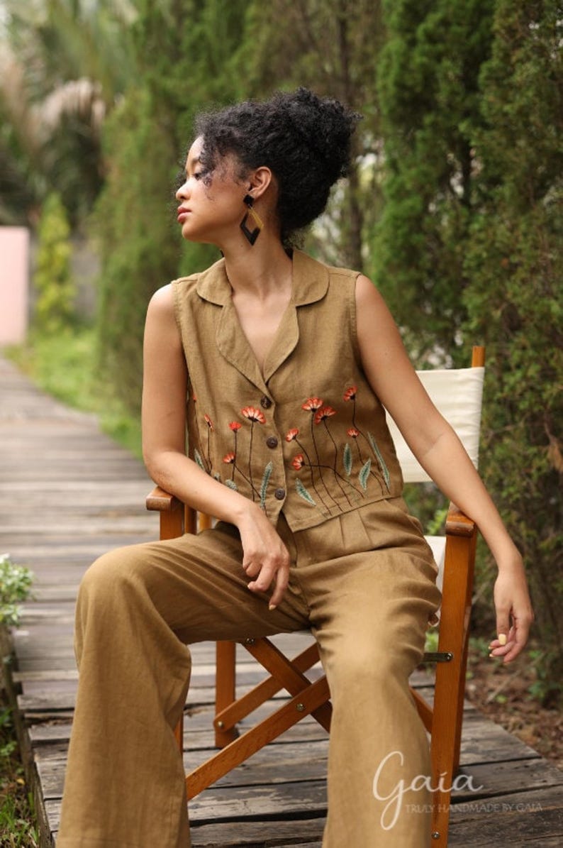 Hand Embroidered Sleeveless Linen Vest DALE, Wedding Guest Outfit, Custom fit