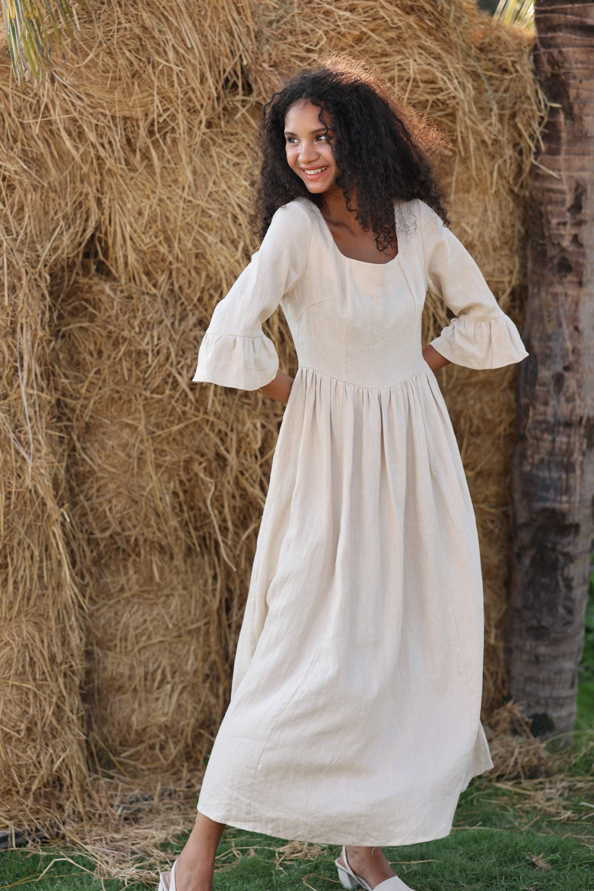 white square neck linen dress Linen-Blend Square-Neck Maxi Dress
