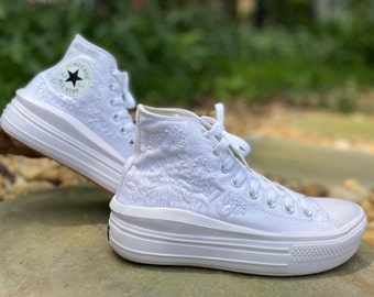 Floral embroidered converse AVA, Custom bridal flat shoes, Unique wedding sneakers with name dates, Boho wedding shoes, Wedding vans