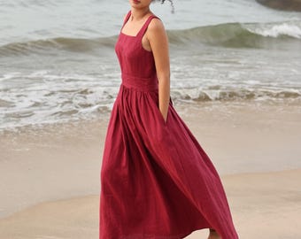 Ärmelloses Leinenkleid mit quadratischem Ausschnitt CHERYL, Hochzeitsgastkleid, Passgenau