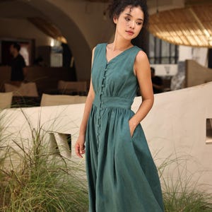 ロングノースリーブドレス TARA、Vネックリネンドレス、ボタンフロントドレス、カジュアルサマードレス、リネンドレスウェディングゲスト、リネンドレスレディース