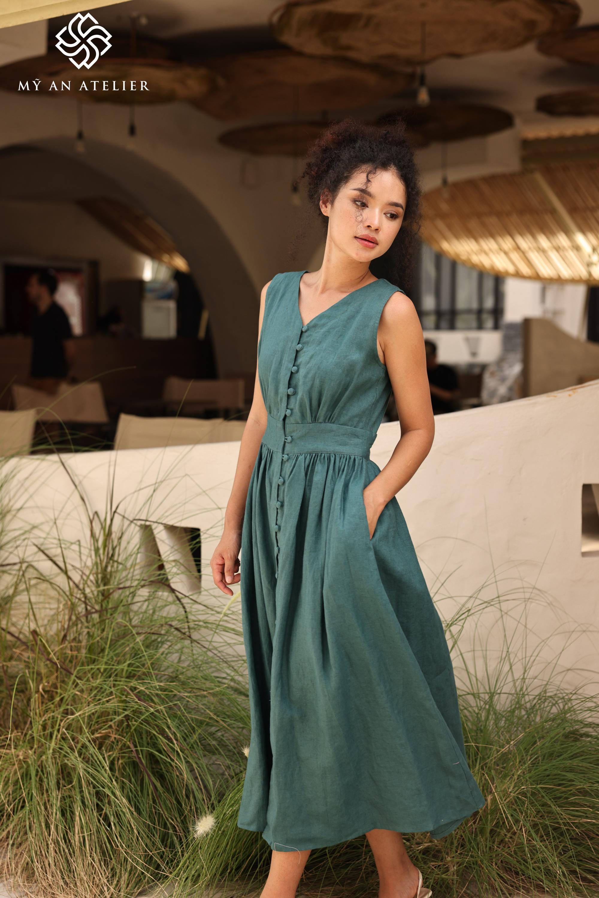 Sleeveless linen midi dress TARA, V-neck linen dress, Button front linen dress, Wedding guest dress, Linen dresses for women, Custom dress