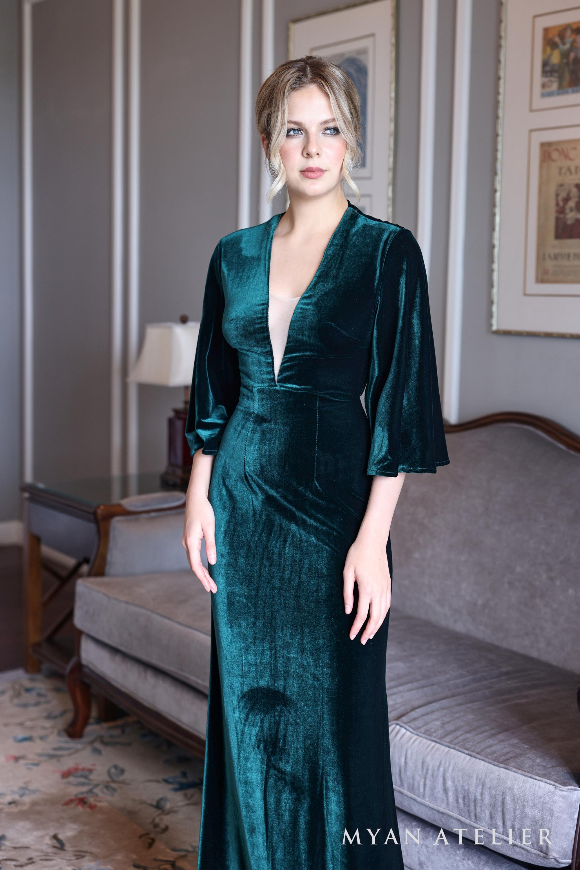 EMRE | Velvet Evening Dress | Deep V Neck | Bell Sleeves | Made-to