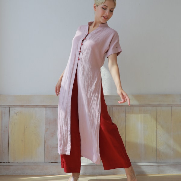 Long linen tunic for women, Linen two piece set, Linen tunics and pants, Linen kaftan set, Linen button down shirt dress, Women tunic tops