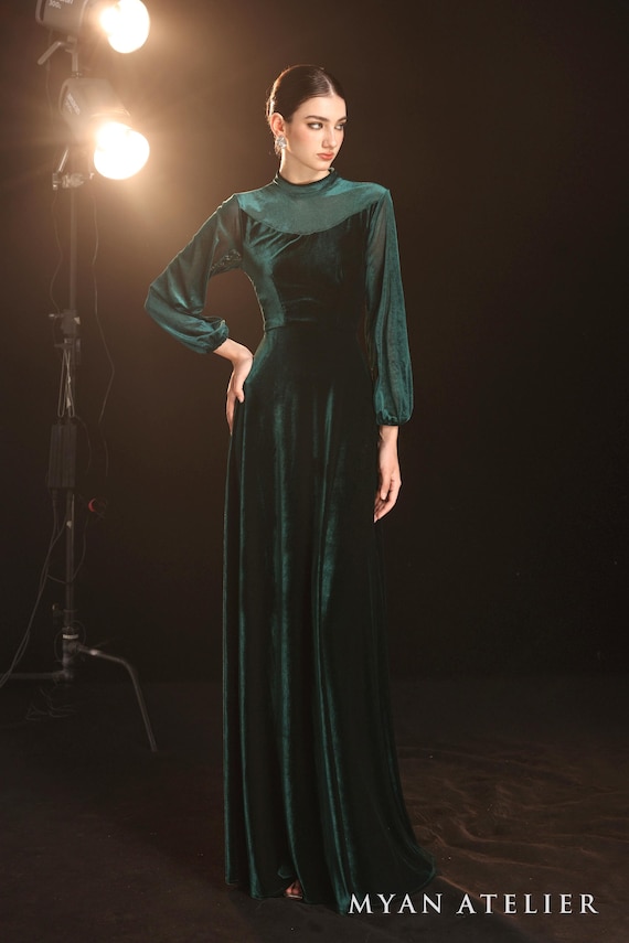 slim fit dress slacks Glitter-Lace Long Prom Dress with Long Sleeves Emerald / 12 main image 0