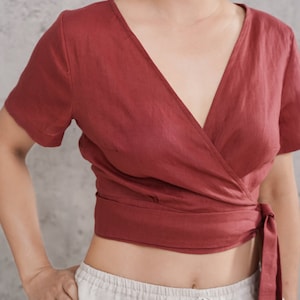 Linen wrap top, Wrap blouse for women, Linen kimono top, Summer women top, Linen yoga top, Linen wrap crop top, Plus size top, Plus size top