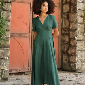 V-neck linen dress VALLEY, Short sleeve linen dress, Elegant dress, Wedding guest dress, Linen dress women, Custom dress, Linen clothing