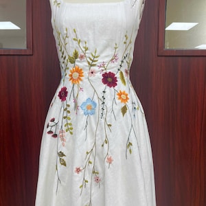 Square Neckline Linen Wedding Gown, Loop-scoop Back with Hand-Embroidery Bridal Dress, Custom Fit