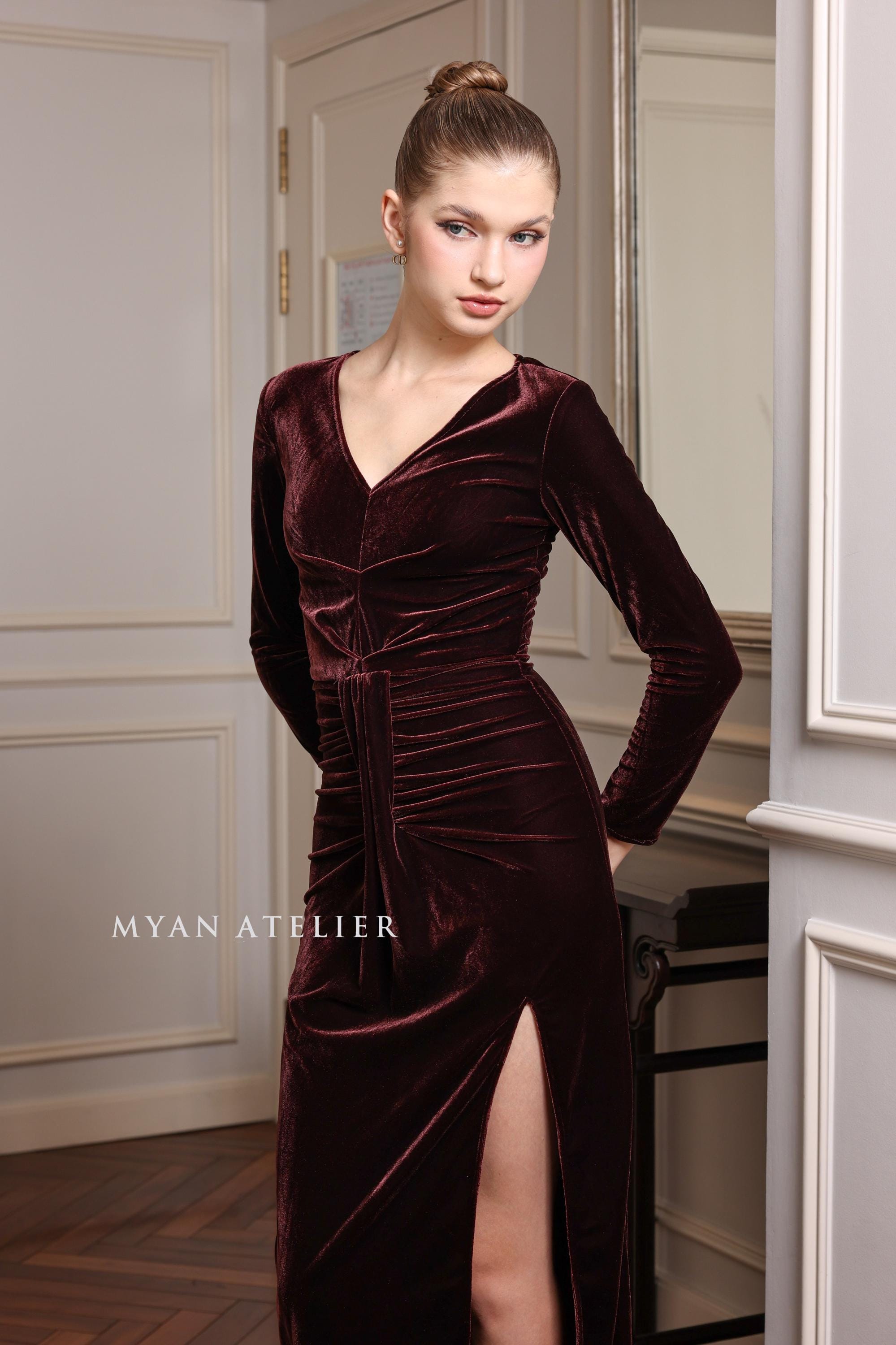 long sleeve v neck dress formal Deep V Neck Long Sleeves Burgundy Long Prom Dress PG812 US4 / Black main image 0