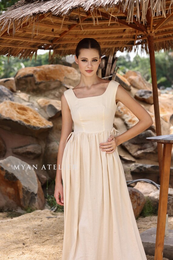 chinese dress ladies Beige Parque Stripes Square Neck Pockets Linen Maxi Dress