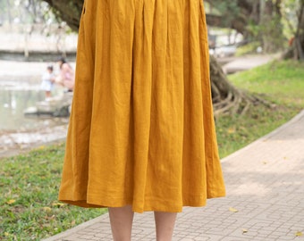 Jupe ronde en lin jaune chromé, jupe longue, jupe boutonnée sur le devant, jupe en lin oversize avec fermeture à bouton, jupe en lin avec poches