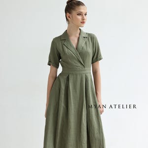 Short sleeves linen midi dress ORIELLE, Pleated wrap shirt dress, Wedding guest dress, Linen dress women, Custom dress, Linen clothing women
