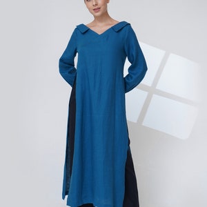 Linen kaftan dress outfit, V neck long linen tunic for women, linen tunic dress with pants, Tunic tops for women, Linen two piece set classy image 5