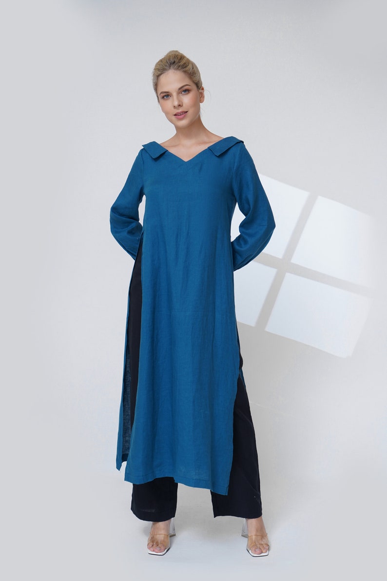 Linen kaftan dress outfit, V neck long linen tunic for women, linen tunic dress with pants, Tunic tops for women, Linen two piece set classy image 5