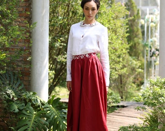 Hand embroidered linen skirt REMY, Gathered linen skirt, Linen skirt long, Renaissance skirt, Embroidered clothing, Linen maxi skirt