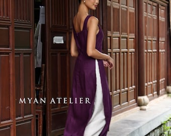 Sleeveless linen ao dai, Modern Vietnamese dress, Ao dai women with pants, Vietnamese tunic dress, Bridesmaid ao dai, Custom ao dai LA-W46