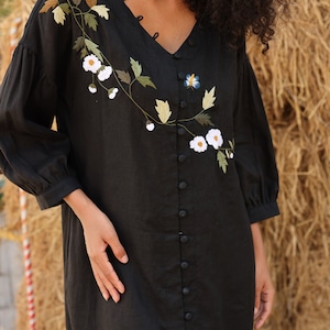 Hand embroidered linen dress STELLA in 60 colors, Floral embroidered dress, Button down dress, Wedding guest dress casual, Custom dress