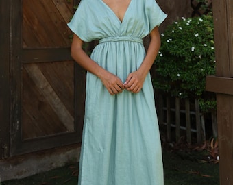 Flowy Maxi Deep V-neck Linen Dress BORACAY, Wedding guest dress, Custom fit