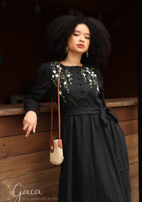 Buy Black Linen Dress SEUL, Hand Embroidered Linen Dress, Vintage  