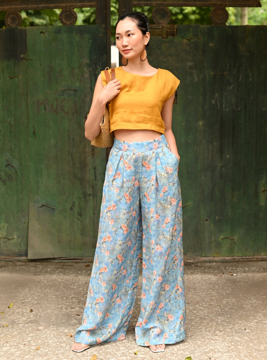 Linen Crop Top and Pants, Linen Floral Loose Pants, Linen Crop Tank