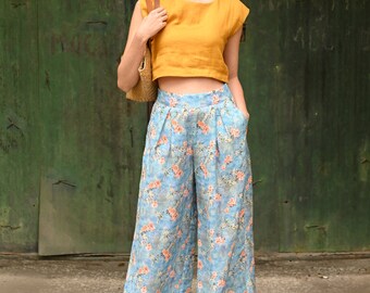 Linen crop top and pants, linen floral loose pants, linen crop tank, summer linen outfit for women, linen clothing, summer linen set