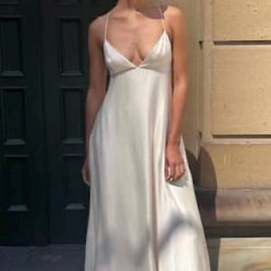 Soft V-neck maxi Silk Satin Dress, Spaghetti strap evening gown, Custom fit