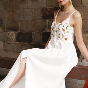 Linen sundress party DAMARIS, Hand embroidered maxi linen dress, White linen sundress, Sleeveless sundress line, Linen dress, Custom dress