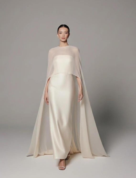 Silk Evening Gown with Cape MELIA, Strapless Wedding Guest Dress, Custom Fit Silk Evening Gown with Cape MELIA, Strapless Wedding Guest Dress, Custom Fit