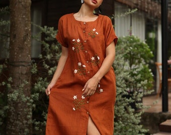 Hand Embroidered Round Neck Linen Dress KEIRA, Wedding Guest Dress, Custom fit