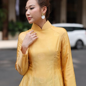 High neck silk ao dai, Traditional dress of Vietnamese, Ao dai women with pants, Plus size Vietnamese dress, Yellow vietnamese dress AS11