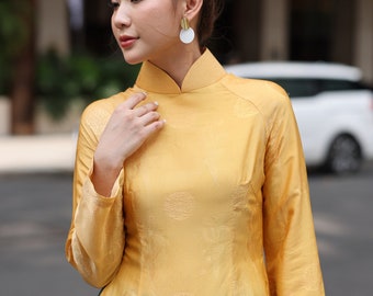 High neck silk ao dai, Traditional dress of Vietnamese, Ao dai women with pants, Plus size Vietnamese dress, Yellow vietnamese dress AS11