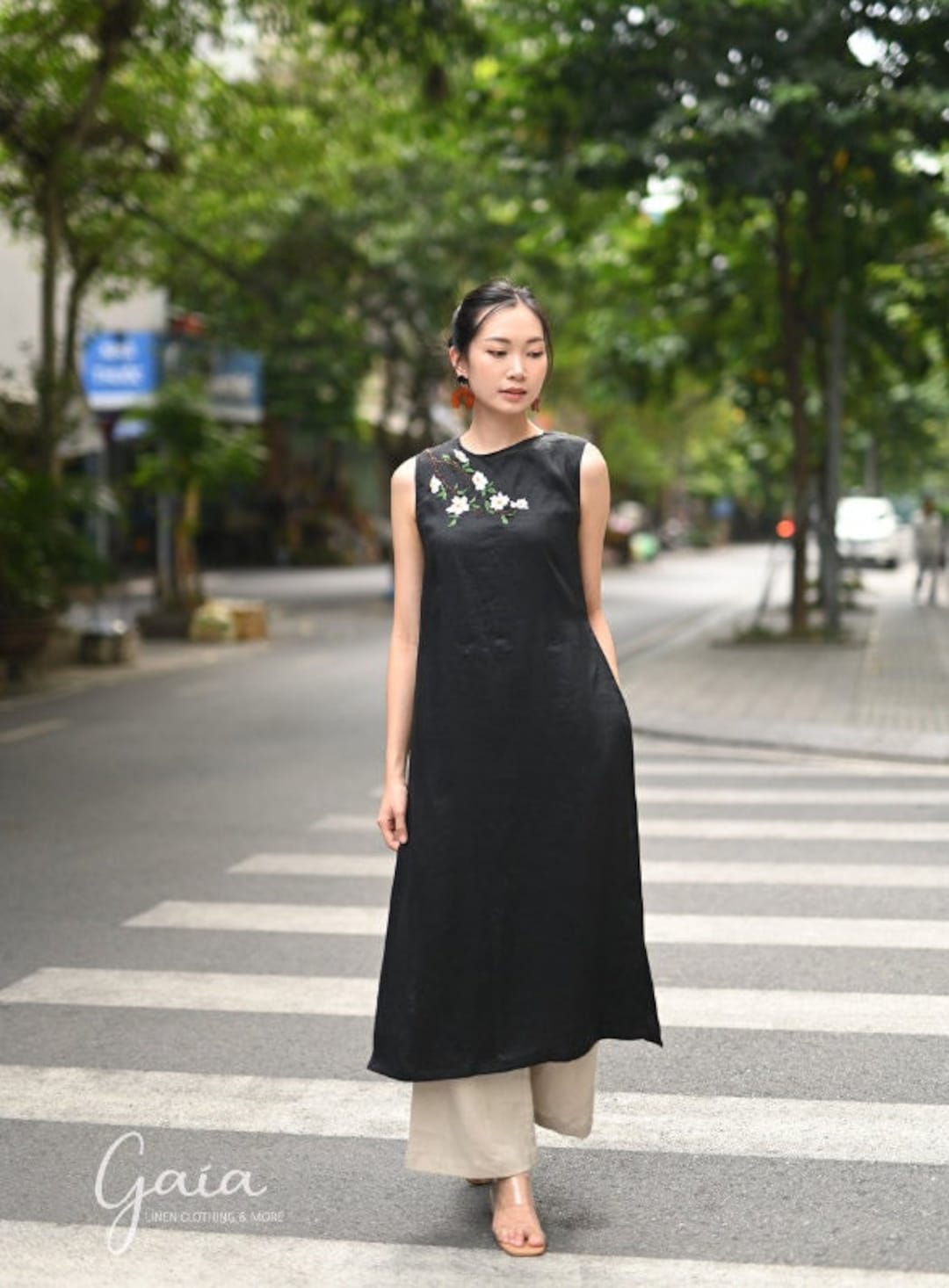 Sleeveless Ao Dai Linen, Black Linen Ao Dai Women, Handmade Embroidery