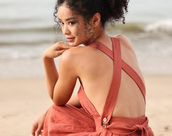 Vestido delantal de lino PETRA, Vestido tipo pichi con bolsillos, Vestido de lino con espalda cruzada, Vestido de lino sin mangas, Vestido de lino corte A, Vestido de lino mujer