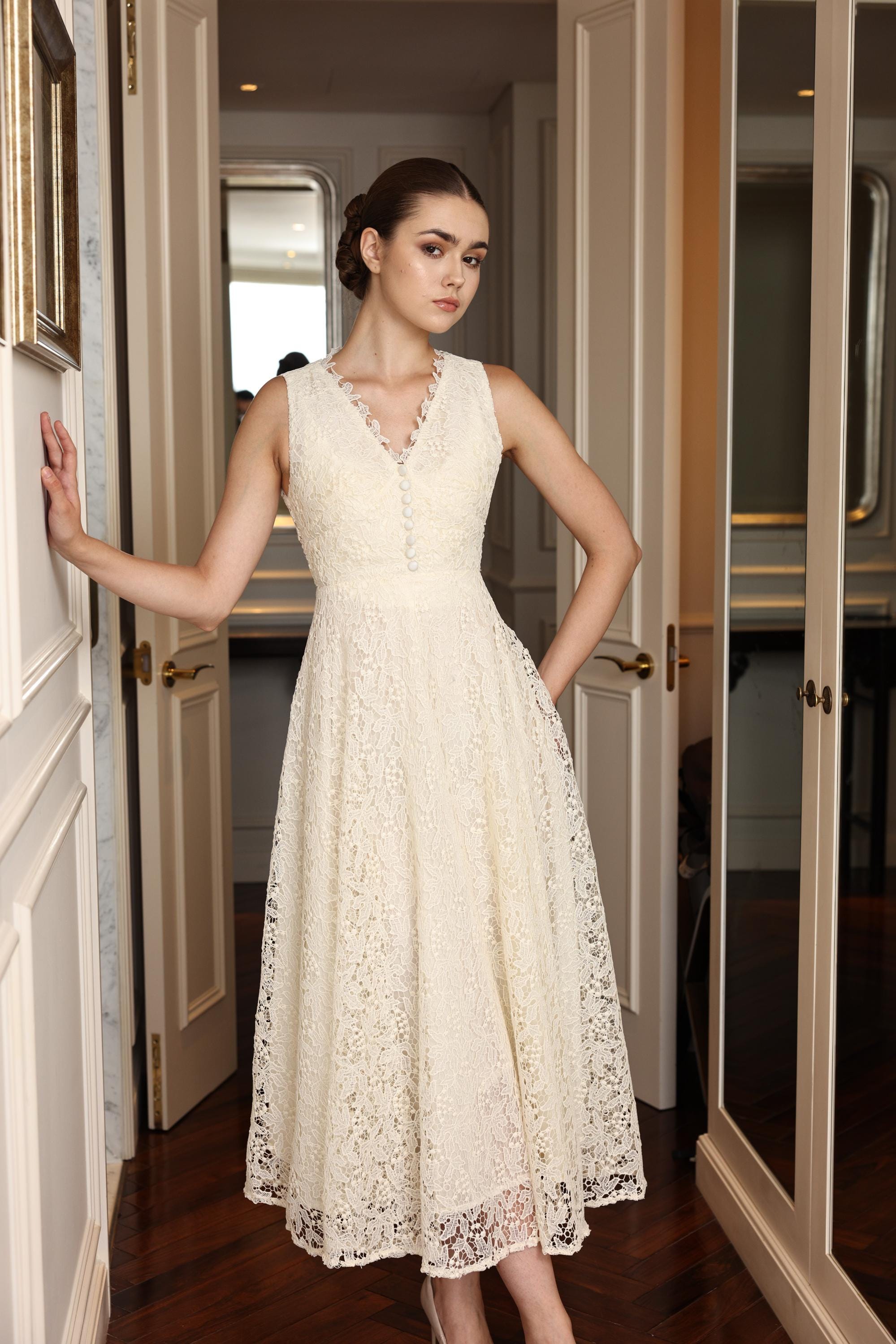Sleeveless Lace Dress JUNIE, Ivory V-Neck Dress, Lace Tea Length Dress, Bridal Shower Dress, Lace Dress for Wedding Guest, Custom Dress